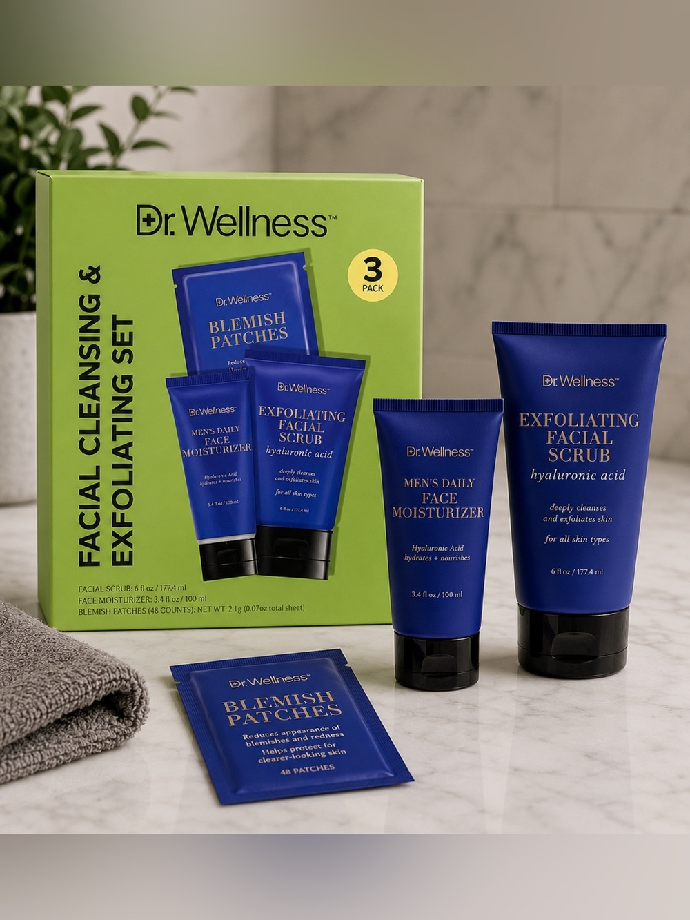Dr. Wellness Men’s Facial Scrub 6 fl oz + Moisturizer 3.4 fl oz + 48 Patches